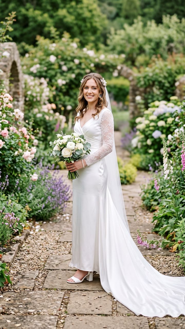 Input photo: an AI-generated bride in a long white satin wedding dress and white heels