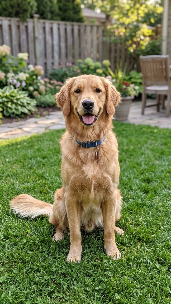 Input photo: an AI-generated golden retriever sitting on a lawn
