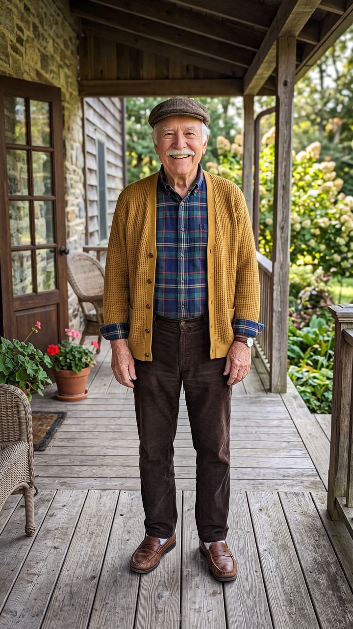 Input photo: an AI-generated grandfather in a flat cap, mustard cardigan, corduroy trousers and loafers