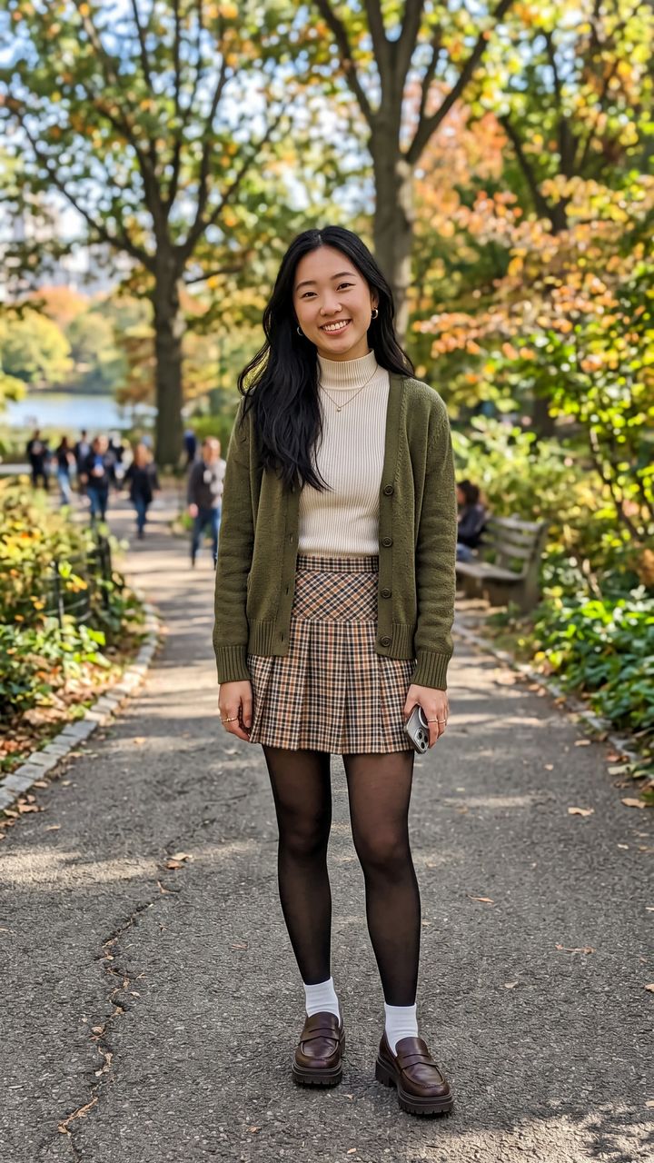 Right input photo: an AI-generated woman in a plaid skirt, black tights and loafers