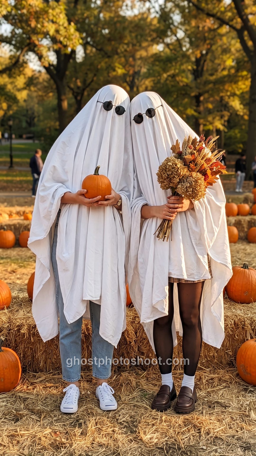 Two Ghost Friends in a Pumpkin Patch
